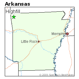 A simple outline map of the state of Arkansas. In the northwest corner of the state, a green star indicates the location of the town of Highfill.