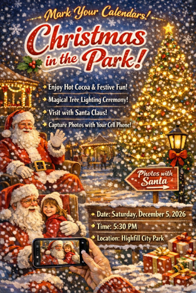 Mark your calendars and join us for our annual Christmas in the Park celebration! The City of Highfill invites the entire community to enjoy a heartwarming evening filled with holiday cheer and festive traditions.
Enjoy hot cocoa as you soak in the festive atmosphere
Watch the magical park lighting ceremony that kicks off the holiday season
Visit with Santa and let the kids sit on Santa’s lap
Capture special holiday photos with Santa, family, and friends
Date: Saturday, December 5, 2026
Time: 5:30 PM
Location: Highfill City Park
Bring your family, invite your neighbors, and celebrate the start of the holiday season with our community. We look forward to seeing everyone there!