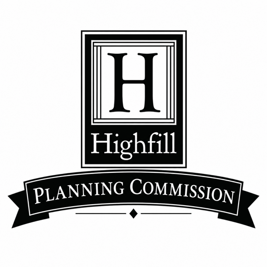 Black-and-white Highfill Planning Commission logo featuring the City of Highfill emblem with a large serif “H” above the word “Highfill,” centered above a curved banner reading “Planning Commission” in bold serif lettering.