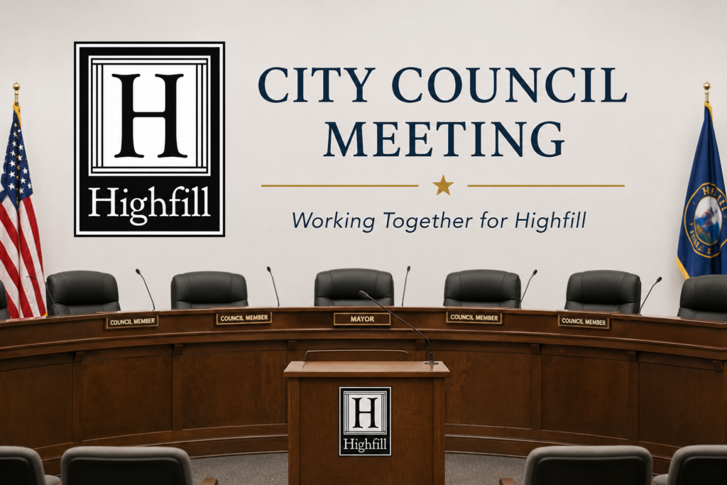 City Council meeting graphic featuring the Highfill logo on a beige background, with the headline “City Council Meeting” in large blue text and the tagline “Working Together for Highfill” beneath it. The image shows a formal council chamber with a curved wooden dais, labeled seats for mayor and council members, microphones, and U.S. and state flags on either side.