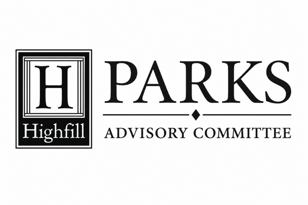 Black-and-white logo for the Highfill Parks Advisory Committee featuring the City of Highfill “H” emblem beside the words “Parks Advisory Committee” in large serif lettering on a white background.