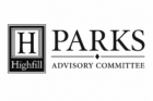 Black-and-white logo for the Highfill Parks Advisory Committee featuring the City of Highfill “H” emblem beside the words “Parks Advisory Committee” in large serif lettering on a white background.