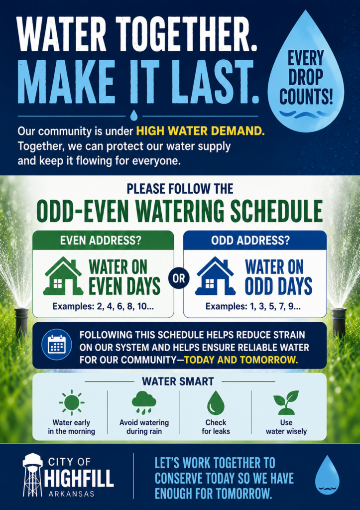 Graphic from the City of Highfill promoting water conservation and an odd‑even watering schedule. The top section says ‘Water Together. Make It Last.’ with a blue water‑drop icon labeled ‘Every drop counts.’ Text explains that the community is under high water demand. The middle section instructs residents to water on even‑numbered days if their address is even and on odd‑numbered days if their address is odd, with examples provided. Below, a note explains that following the schedule reduces strain on the water system and helps ensure reliable water. The bottom section lists water‑smart tips with icons: water early in the morning, avoid watering during rain, check for leaks, and use water wisely. The City of Highfill logo appears at the bottom along with a message encouraging conservation for the future.