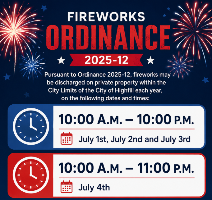 Graphic announcing the Highfill fireworks ordinance. The image states that under Ordinance 2025‑12, fireworks may be discharged on private property within the city limits on specific dates and times. Allowed times are 10:00 a.m. to 10:00 p.m. on July 1st, July 2nd, and July 3rd, and 10:00 a.m. to 11:00 p.m. on July 4th. The design includes decorative fireworks in the background.