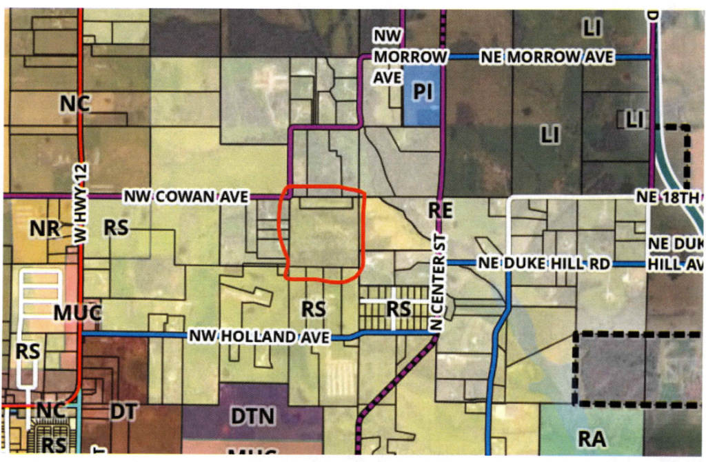 Map showing the approximately five-acre property considered for rezoning from Rural Residential (RR) to R-1 Residential, along with surrounding properties and existing zoning.